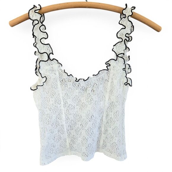 Urban Outfitters Small Elasa White Lace Ruffle Camisole Bustier Top Black Trim - Picture 3 of 7